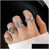 Cluster Ringe Kpop Retro Gothic Silber Farbe Herz Metall Ring für Frauen Mädchen Vintage Y2K Kristall Offene Punk Geometrie Party Schmuck Drop Dh0Kf