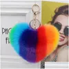 Keychains Lanyards Simation Fur Heart Pom-Pom Keychain Love Fuzzy Bag Purse Charm Ring Fluffy Ball Lovely Valentines Key Chain Fob Fas Dhzia