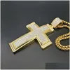 Pendant Necklaces Hip Hop Iced Out Big Cross Necklace For Men Gold Color Stainless Steel Rhinestone Hiphop Christian Jewelrypendant Dr Dh8Ev