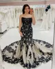 Vestido de novia de sirena de encaje gótico negro sin tirantes, sin mangas, sin espalda, vestidos de novia largos sexys, tren de capilla, vestidos de novia elegantes