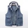 Damenwesten Frühling Herbst Denim Weste Jacke für Frauen mit Kapuze lose koreanische Mode Harajuku kurze ärmellose Jeans Streetwear mit Taschen