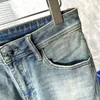 Designer classic blue triangle letter jeans slim stretch texture straight wash wear resistant top row patch motorcycle vintage business pants