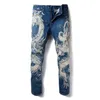 Men's Jeans Men Pants Slim Fit Fashion Dragon Print Male Colored Drawing Painted Denim Elastic Black Cargo289q