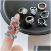 Cluster Ringe Kpop Retro Gothic Silber Farbe Herz Metall Ring für Frauen Mädchen Vintage Y2K Kristall Offene Punk Geometrie Party Schmuck Drop Dh0Kf