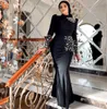 Black Crystal Muslim Evening Dresses High Neck Long Sleeve Kaftan Formal Gown Pleat Satin Arabia Women Prom Dress 326