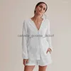 Women's Sleep Lounge Vêtements de nuit pour femmes Poche d'été Costumes de maison en coton blanc avec short Femme Pijama Manches longues Ensemble Femme 2 pièces Col en V Femmes PyjamasL230913