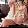 Women's Sleepwear Winter Flannel Pajamas Sets For Women Thicken Warm Pyjamas Two Pieces V-Neck Cute Sweet Homewear Home Clothes Female