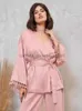 Women's Sleep Lounge Women's Sleepwear Hiloc Tassel Sparcing Women Pyjama Pink Satin Women's Nightwear With Belt Sexy V-Neck Pijama Sets Pants Loose Homel230913