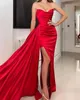 Elegant Red Sheath Evening Dresses for Women Sweetheart Pleats Draped Satin High Side Split Formal Occasions Wear Birthday Celebrity Pageant Party Prom Gowns