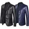 Leather Blazer Jacket For Men Fashion Loose Lapel Leather Suit Plus Size Black Blue1262h