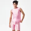 Men's Thermal Underwear Glossy 2 Pieces Set Sexy Silky Transparent Suit Shorts Vest Body-building Underpants