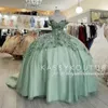 2023 Mint Green Floral Lace Handmade Flowers Quinceanera Dresses lace-up corset Off The Shoulder Tiered Corset For Sweet 15 Girls 241h