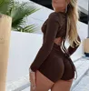 Womens Jumpsuits Rompers Femmes combinaisons automne maigre combishort femmes Sexy basse poitrine solide à manches longues mince dos nu cordon à lacets combinaison dames fête Club