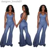 Women's Jumpsuits Rompers Women's Jumpsuits Rompers Wendywu Sexy Women Spaghetti Strap Wide Leg Jeans Jumpsuit Backless Denim Bell Bottom Romper L230913