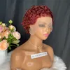 Pixie Curly Cut 13x1 Kısa Peruk Malezya Perulu Hint Brezilya Koyu Kırmızı 100% Ham Virgin Remy İnsan Saç P8