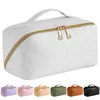 Large Capacity Travel Cosmetic Bag PU Leather Waterproof Women Portable Makeup Bag With Handle and Divider Flat Lay Organizer