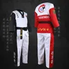 Andere sportartikelen Hoogwaardig Zwart Rood Blauw Volwassen kinderen Taekwondo TKD Uniform Training Karatepakken Borduuruniformen Poomsae Dobok WTF goedgekeurd 230912