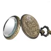 Relógios de bolso capa transparente quartzo vintage bronze relógio colar pingente presentes numerais romanos mostrador com acessórios