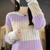Suéteres de mujer Otoño/Invierno Suéter de punto de lana Cuello redondo Contraste Jersey a rayas Blusa suave y simple