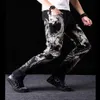 Men's Jeans Men Pants Slim Fit Fashion Dragon Print Male Colored Drawing Painted Denim Elastic Black Cargo289q