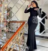 Black Crystal Muslim Evening Dresses High Neck Long Sleeve Kaftan Formal Gown Pleat Satin Arabia Women Prom Dress 326