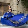 Royal Blue Quinceanera klänningar mexikansk 2020 älskling bollklänning prom klänningar med guldapplikationer korsett topp söt 16 prom klänning v281w