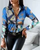Kvinnors blusar Turn-Down Collar Printing Geometric Buttons Office Lady Simplicity Slim Fashion Sexig 2023 Kläder långärmad