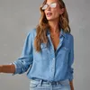 Blusas femininas camisas moda lapela único breasted denim casual cor sólida manga longa blusa solta versátil camisa topos 230912