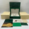 Designer Luxury Case Top Class Box Green Watch Box Gift Träbox Rolex Watch Booklet Card Etikett och papper Engelska Swiss Watch Box Montre Mens Jason007