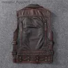 Fourrure pour hommes Fausse fourrure Vintage marron moto gilets hommes peau de vache naturelle veste en cuir véritable sans manches hommes gilet d'équitation moteur Biker vestes S-5XL L230913