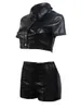 Women's Tracksuits Fashion Short Sleeve Button Turn Down Collar Shirt Crop Top Shorts Set Two Piece PU Leather Outfits Women Black