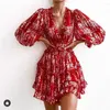 Sukienki swobodne kwiatowy nadruk Ruffle Dress Kobiety Backless V-deck puste szyfonowe mini seksowne damki plażowe 2023 impreza