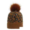 Beanie/Skull Caps Beanie/Skl Cappello da donna Stampa leopardo Berretti lavorati a maglia caldi per donna Palla di pelo Autunno Inverno Berretto femminile Nero Bianco 202 Dhe9D