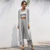 Women's Two Piece Pants Pajamas Pure Color Knitting Casual Fashion Vest Coat Wide-leg Sleepwear 3 Pieces Set Loose Homewear Suit