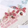 Keychains Lanyards Lovely Red Plaid Ribbon Stberry Keychain Women Girl Jewelry Simated Fruit Bowknot Bag Car Key Holder Keyring Birthd Dh3Ig