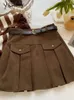 Skirts Yitimoky Corduroy Pleated For Women Autumn Winter 2023 Korean Fashion Vintage Skirt High Waist Mini With Belt