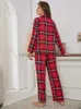 Femmes Sleep Lounge Vêtements de nuit pour femmes Pyjamas pour femmes à carreaux rouges 2 pièces Hauts Pantalons Automne Hiver Pijamas HomeWear Vêtements Bouton avant avec poitrineL230914