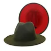 Новая внешняя армейская зеленая внутренняя красная лоскутная полушерстяная винтажная шляпа-федора для мужчин и женщин, шляпа-федора Trilby Floppy, джазовый ремень с пряжкой, фетровая шляпа от солнца304E