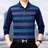 Polos pour hommes Vêtements d'âge moyen Printemps Manches longues Revers Mince Rayé Imprimé Poches Épissées Lâche Casual Mode Polo