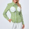 Blouses pour Femmes Puloru Chemises à Carreaux Automne Printemps Chic Mode Fleur Décor Manches Longues Revers Boutons Tunique Hauts Chemisier à Nouer au Dos