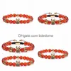 Bracelets de couronne de zircon micro-incrustés de cuivre perlé tressé pierre naturelle bracelet d'agate rouge perle brin réglable pour femmes hommes mode Dhwxz