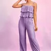 Women's Two Piece Pants Women Summer Outfits Solid Color Tiered Ruffles Camisoles Tank Tops Elastic Waist Wide-Leg Long 2 Pieces Set