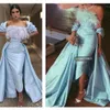 2021 Plus Size Arabo Aso Ebi Elegante Piuma Abiti da ballo sexy Guaina in raso Lunghezza tè Serata formale Festa Secondo Abito da ricevimento260V