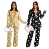 Women's Two Piece Pants Black White Polka Dot Print Womens Blazer Suits Casual Notched Long Sleeve Jacket And Straight Loose Trouser