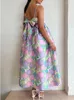 Casual Dresses Floral Print Satin Square Neck Bow Tube Dress Loose Backless Spaghetti Strap Long Vestidos 2023 Summer Female Elegant Robes