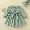 Girls Dresses Fall Season Hand Smock Flower Round Neck Baby Skirt Outfits Boutique Children Clothes Animal Print Smocked Green Dress 230914