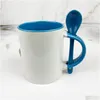 Tazze Usa Magazzino Locale Tazza in ceramica sublimatica da 11 Oz con cucchiaio Vuoto Caffè bianco Trasferimento di calore Maniglia interna colorata per tazza Individuale Dhgt7