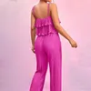 Zweiteilige Damen-Hosen, Damen-Sommer-Outfits, einfarbig, gestufte Rüschen, Unterhemden, Tank-Tops, elastische Taille, weites Bein, langes 2-teiliges Set