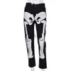 Женские джинсы, джинсы с низкой посадкой и рисунком скелета, уличная одежда, женские черные джинсовые брюки, брюки Cyber Y2k Goth, осень x0914
