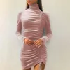 Abiti casual Abito in flanella Dolcevita Manica lunga Aderente Coulisse String Vintage Mini 2023 Winter Fashion Woman Party